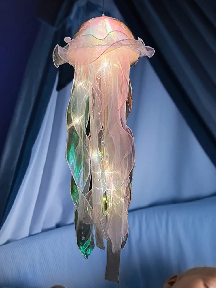 Jellyfish Atmosphere Night Light Button Battery Hanging Ceiling Lantern Realistic with Ribbon&Bead for Children Bedroom Shopifynow