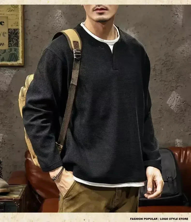 Spring and Autumn New Men Henley neck T Shirt Long Sleeve Casual  Solid color T-Shirt Fashion Waffle Fake two-piece Sweatshirts Shopifynow