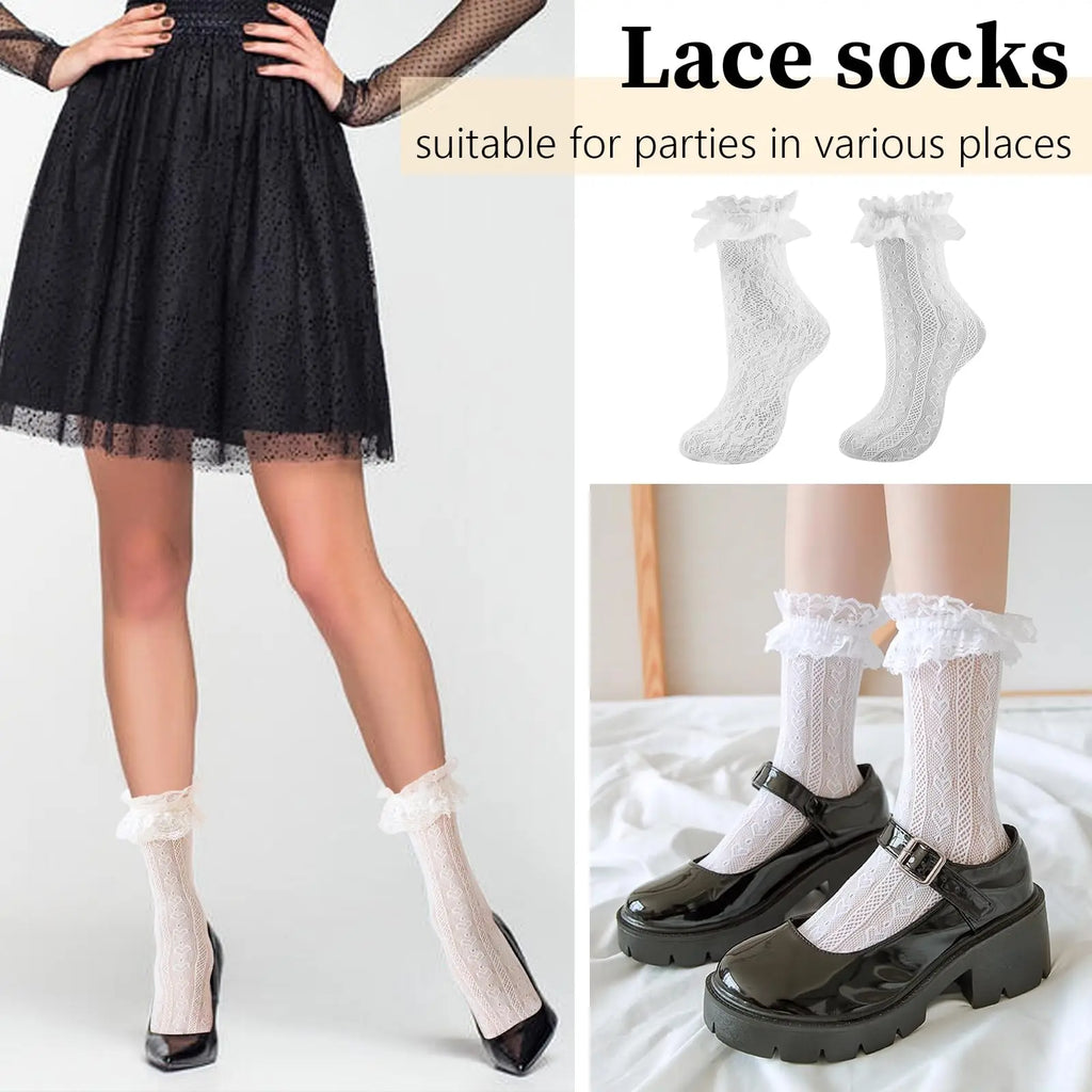 4/8 Pairs Women's Elegant Lace Socks with Ruffles, Frills & Geometric Patterns - Hollow Mesh Lolita Style Stockings, Cute Socks Shopifynow