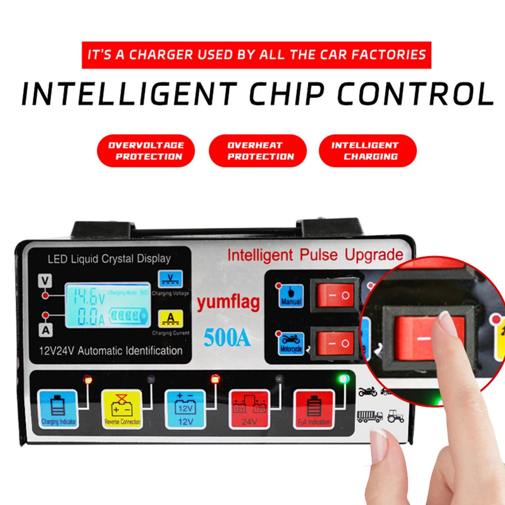 500A Battery High Power Fast Charger 12V/24V Car Battery Charger LCD Display Smart Charger for Lead-Acid AGM GEL EFB Batteries