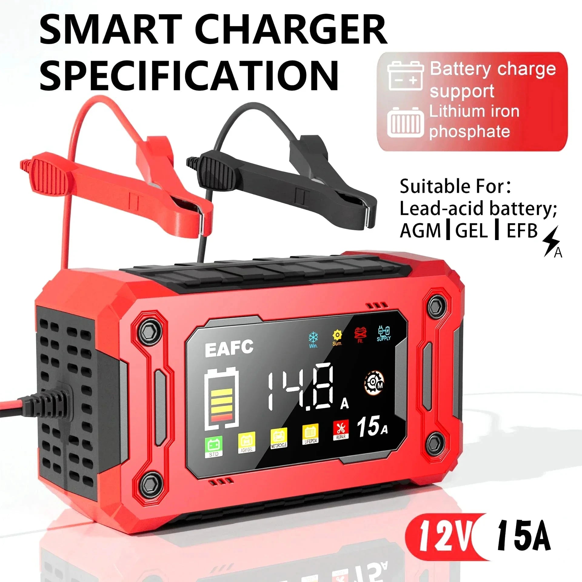 12V15A Car Smart Pulse Repair Charger suitable for cars, motorcycles, boats, AGM, GEL, WET lead-acid batteries Shopifynow