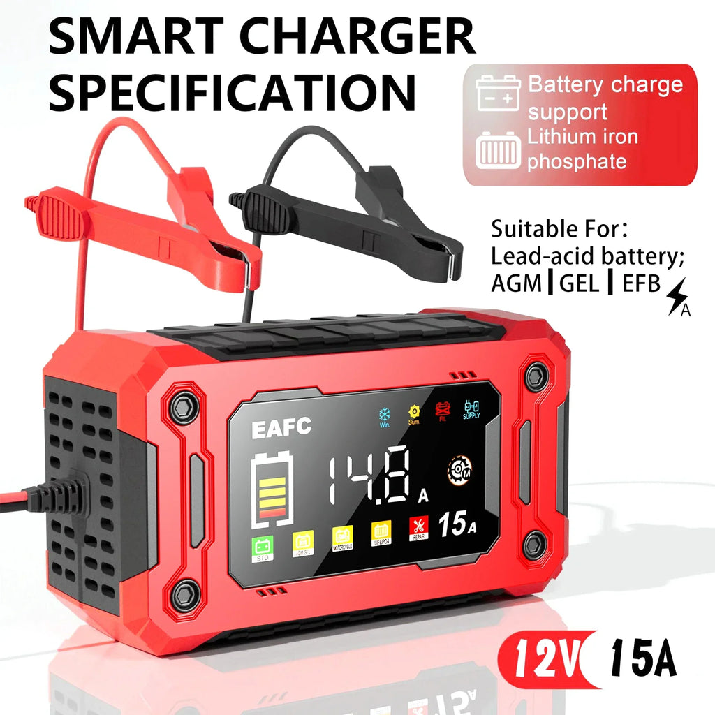 12V15A Car Smart Pulse Repair Charger suitable for cars, motorcycles, boats, AGM, GEL, WET lead-acid batteries Shopifynow
