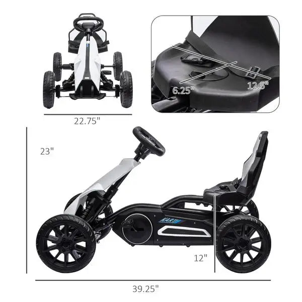 Kids Pedal Go Kart Outdoor Ride-on Toy with Adjustable Seat Swing Axle Handbrake White for Boys and Girls 3-8 Years