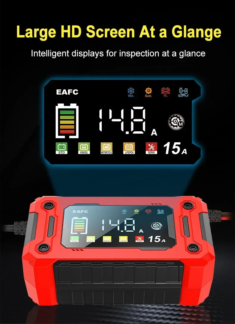 12V15A Car Smart Pulse Repair Charger suitable for cars, motorcycles, boats, AGM, GEL, WET lead-acid batteries