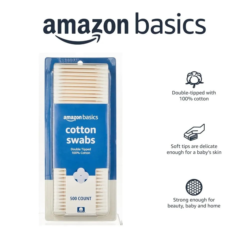 Basics Cotton Swabs for Personal Hygiene and Baby Care, 2000 Count, 4 Pack of 500 Count