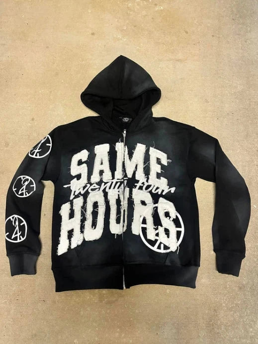 Men's Letter Zipper Embroidery Hoodie Street “Same Hours”Hip-hop Style Vintage Aesthetic Sweatshirt Shopifynow