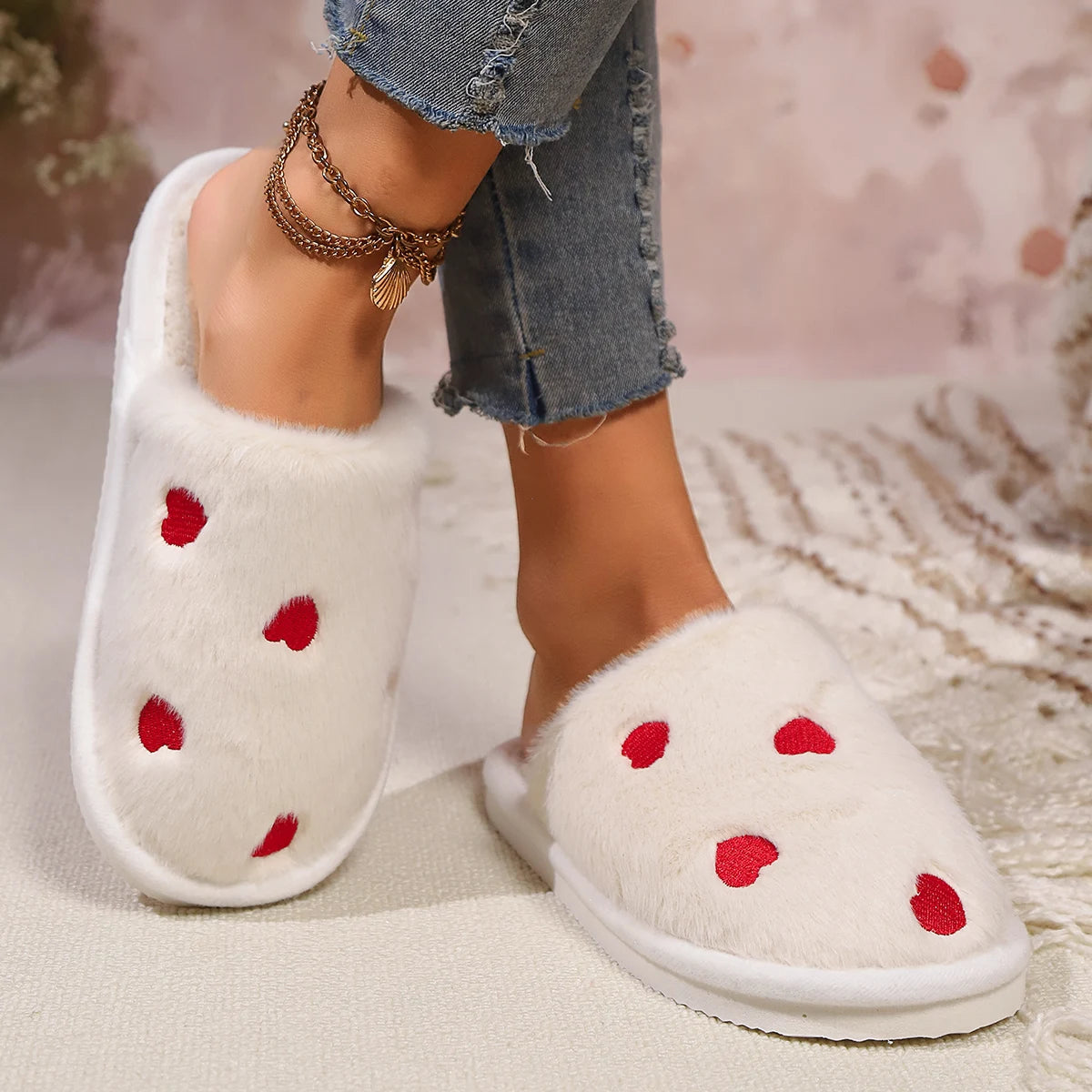 High Quality Women Heart Fleece Slippers Winter Home Fur Fuzzy Memory Foam Shoes Female Indoor Sweet Slides Cozy Cute Footwear Shopifynow