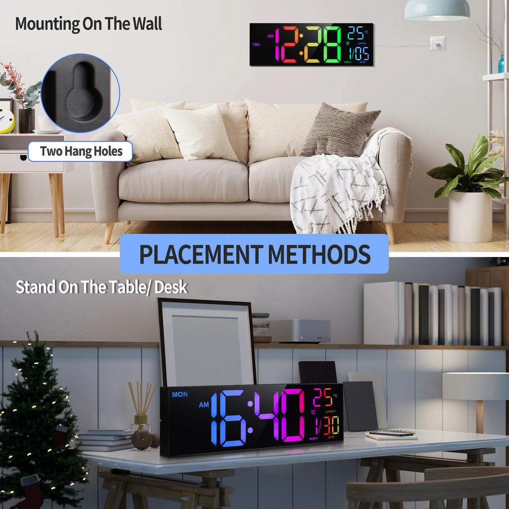16" Large Digital Wall Clock, Big LED Display with Remote, 8 RGB Color, Alarm, DST, Temperature for Living Room, Kitchen Shopifynow