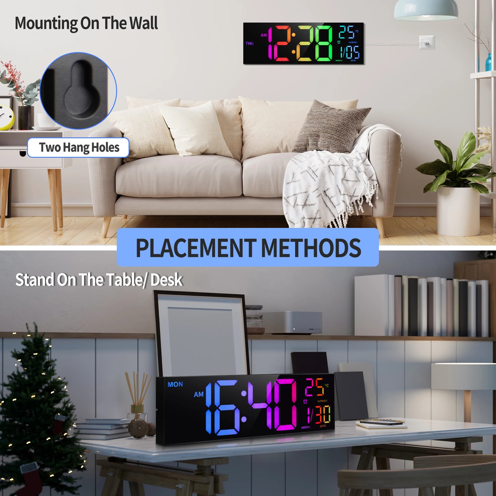 16" Large Digital Wall Clock, Big LED Display with Remote, 8 RGB Color, Alarm, DST, Temperature for Living Room, Kitchen Shopifynow