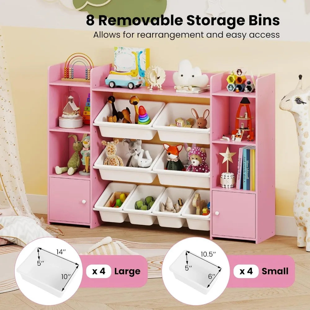 4-tier children's montessori toy organizer with 8 removable bins and bookshelf