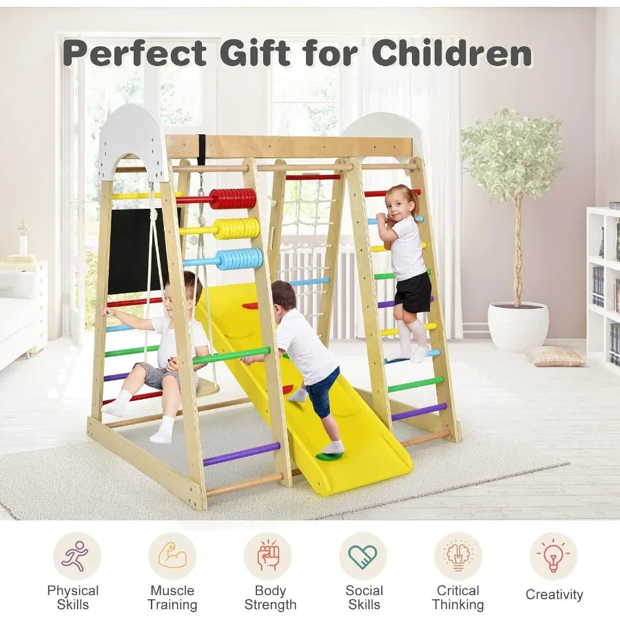 Indoor Jungle Gym 8in1 Montessori Climbing Toys for Toddlers with DoubleSided Slide Climbing Rock Net Indoor Wooden Playground Shopifynow