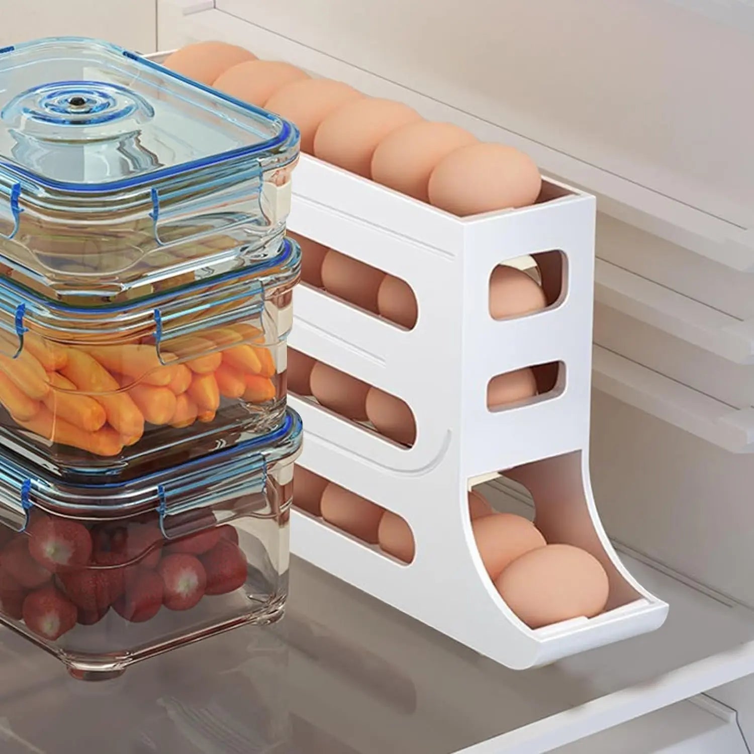 4 Tiers Egg Holder for Fridge， Automatic Egg Rolling Rack, 30 Eggs Storage Rack, Egg Distributor for Refrigerator, Egg Storage Shopifynow