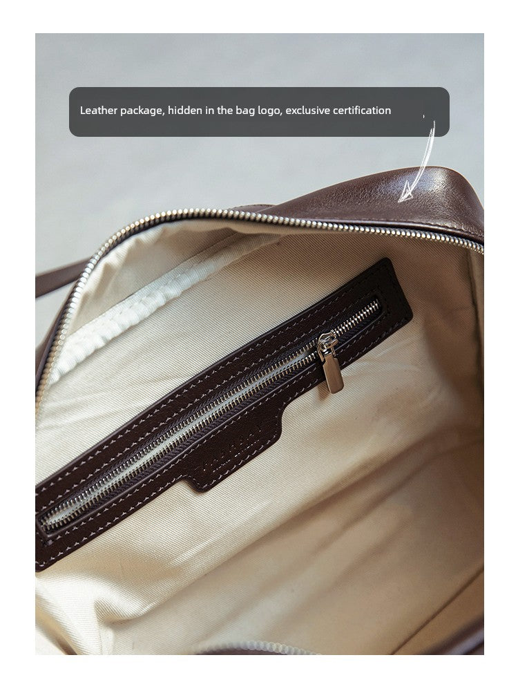 Fan Jia Leather Vegetable Tanned Full-Grain Leather Cowhide Leather Women's 2025 New Arrival Boston Shoulder Work Clothing Bowling Bag Shopifynow