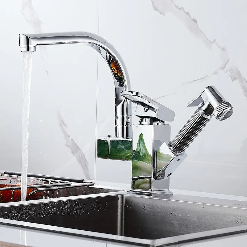 kitchen Sink Faucet Black Deck Mounted Flexible Pull Out Mixer Tap Hot Cold Kitchen Faucet Spring Spout Chrome Silver Faucet Shopifynow