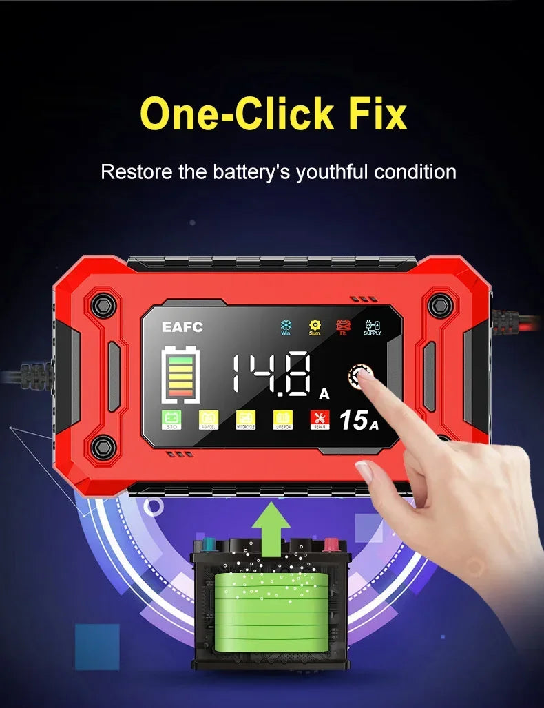 12V15A Car Smart Pulse Repair Charger suitable for cars, motorcycles, boats, AGM, GEL, WET lead-acid batteries Shopifynow