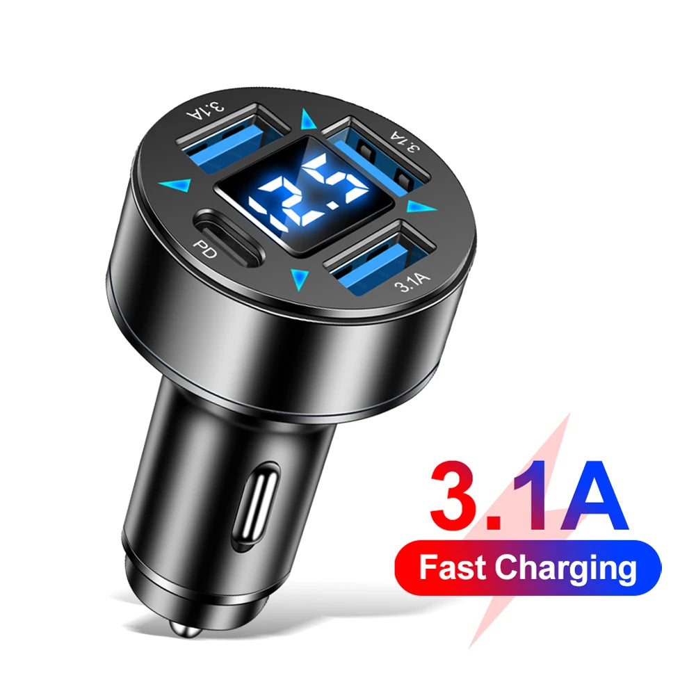 66W Car Charger 4-Port Fast Charging Blue Light Power Socket QC 3.0 Phone Charge Adapter in Car for Xiaomi iPhone Samsung Shopifynow