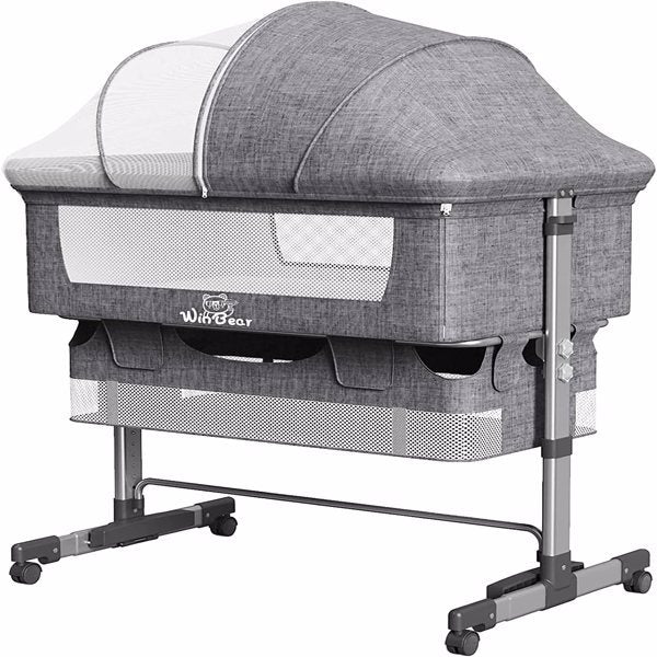 3-in-1 Bedside Crib With Mosquito Net, Large Storage Bag, Comfortable Mattress With Lockable Wheels, Grey Shopifynow