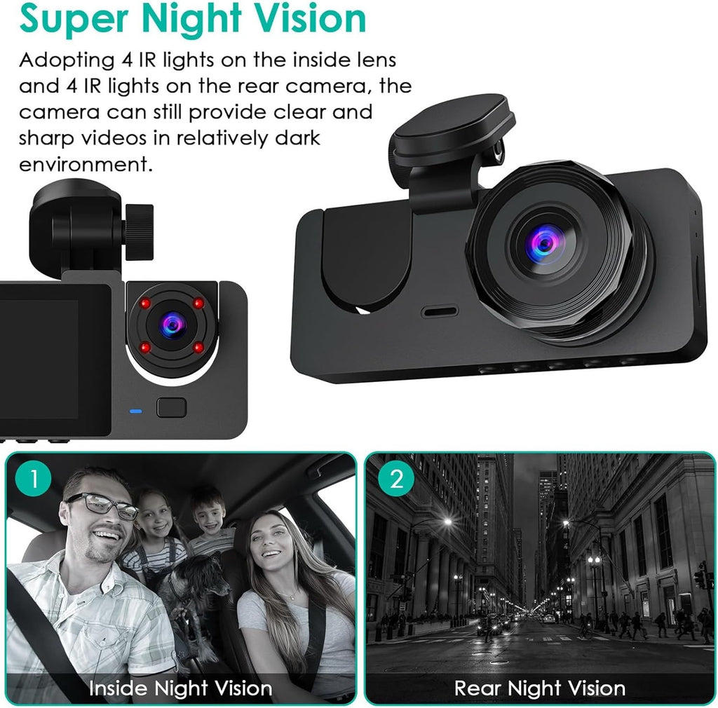 3 Channel Dash Cam, 1080P Dash Cam Front And Rear Inside, Three Way Dash Camera For Cars, Car Camera With 32GB Card, 24H Parking Mode, Loop Recording, Super Night Vision Shopifynow