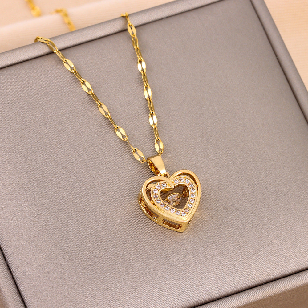 Double-layer Love Necklace With Rhinestones Titanium Steel Pendant Fashion Jewelry Woman Valentines Day Gift New Shop Deals