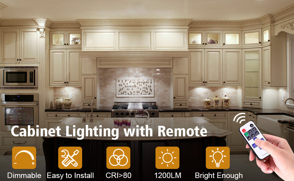 4 Pack LED Puck Lights with Remote, Under Cabinet Kitchen Lights Plug in, Dimmable Under Counter Light Fixtures
