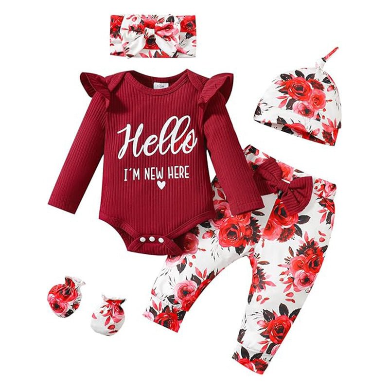 Newborn Baby Girl 'Hello I'm New Here' Romper Set Includes Floral Pants, Hat, Headband, & Coming Home Outfit Shopifynow
