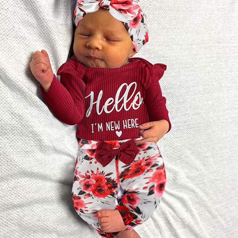 Newborn Baby Girl 'Hello I'm New Here' Romper Set Includes Floral Pants, Hat, Headband, & Coming Home Outfit Shopifynow