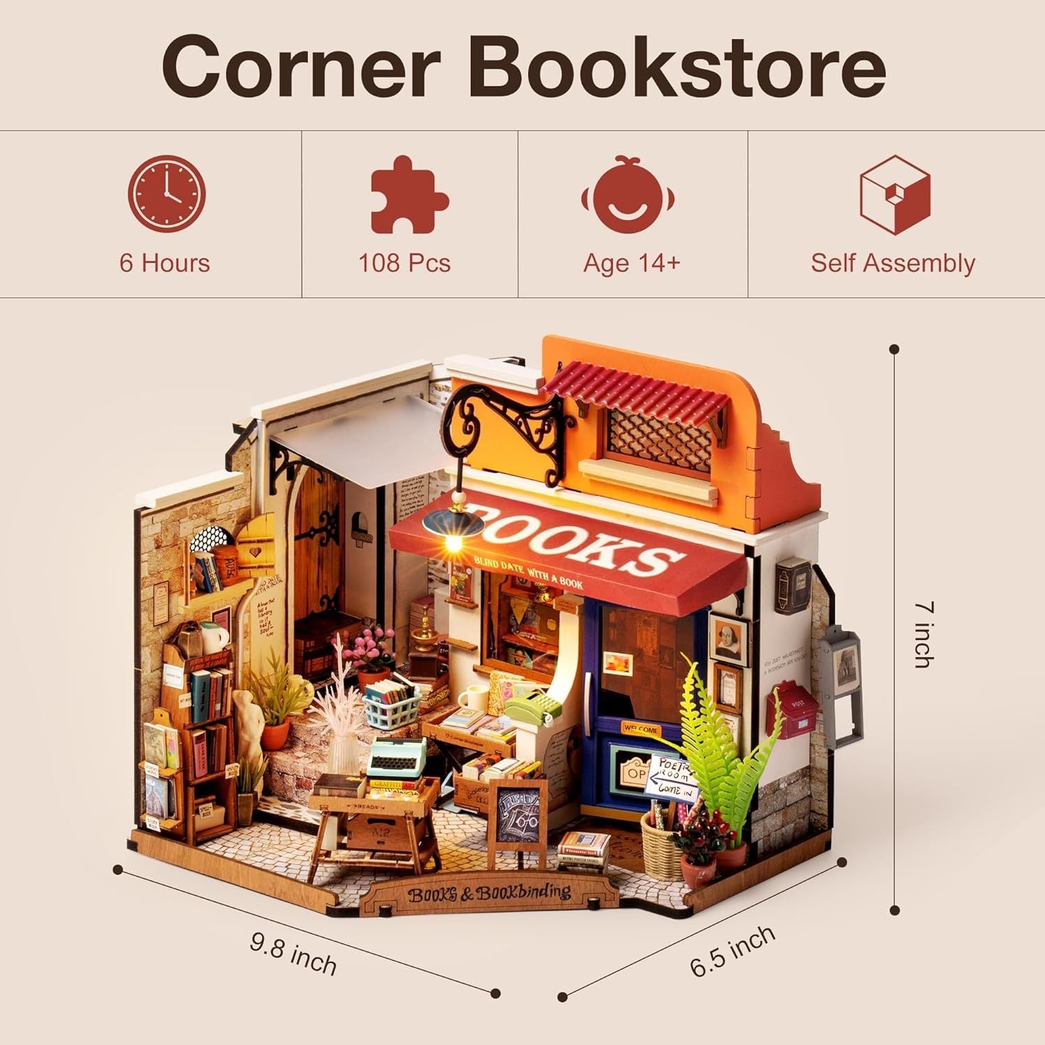 ROBOTIME DIY Miniature House Kit Corner Bookstore, Wooden Dollhouse Model Building Kit With LED For Adults And Children, Birthday Gift DG164 Shopifynow