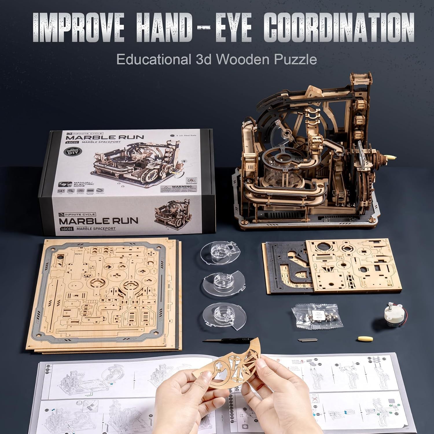 ROBOTIME Marble Run 3D Puzzle Wooden Model Kits For Adults To Build, Gifts Adults Electric Craft Boys, Marble Spaceport LGC01 Shopifynow
