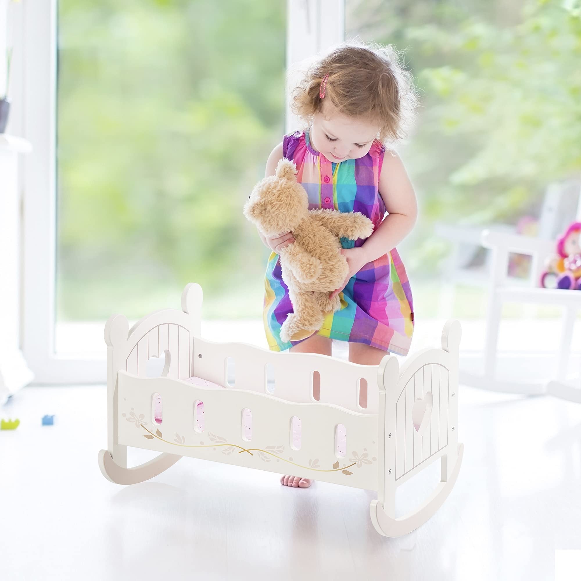 ROBOTIME Wooden Doll Cradle Rocking Baby Doll Crib Reversible Doll Bed For Dolls Girl,Fits Dolls Up To 18 Inches - Shopifynow