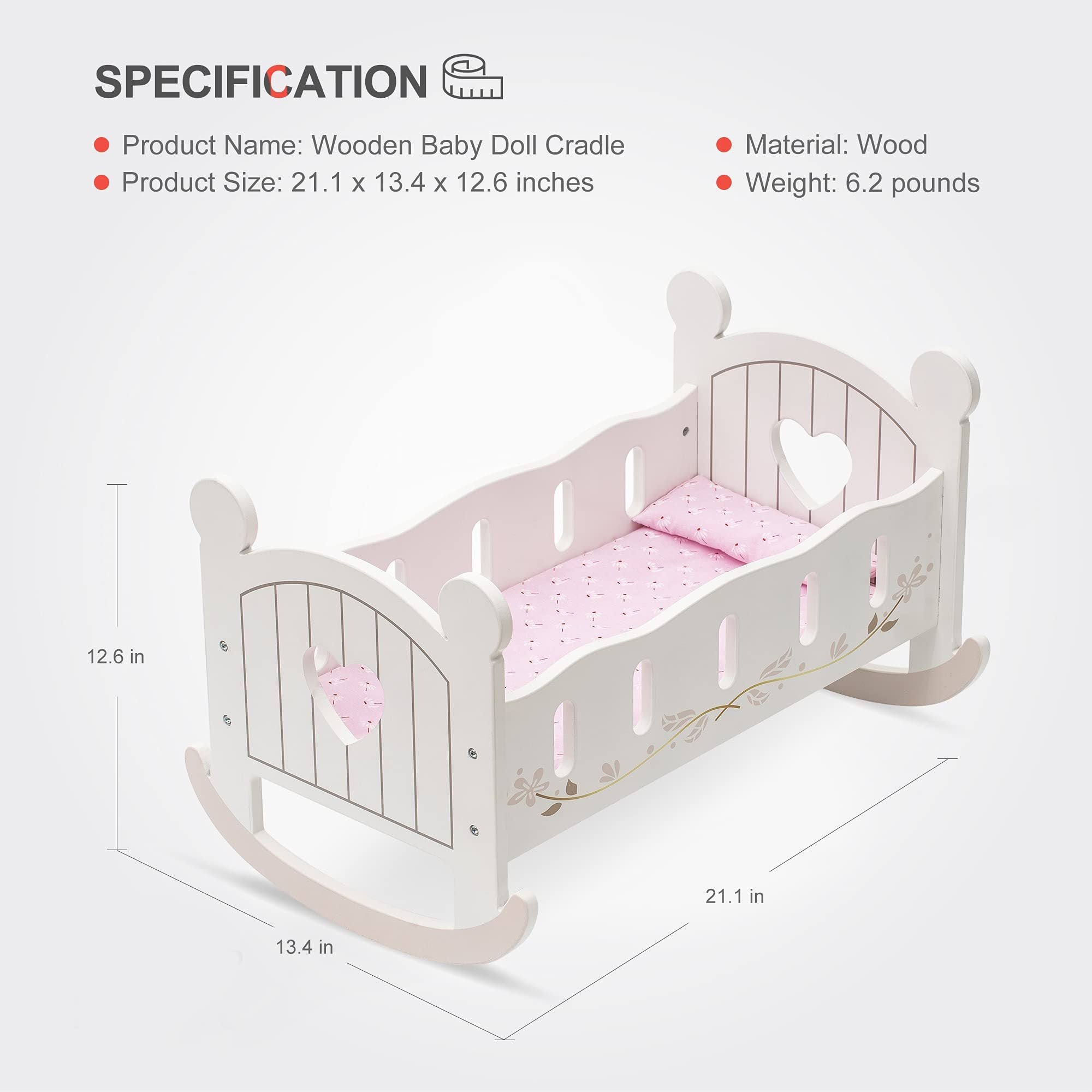 ROBOTIME Wooden Doll Cradle Rocking Baby Doll Crib Reversible Doll Bed For Dolls Girl,Fits Dolls Up To 18 Inches - Shopifynow