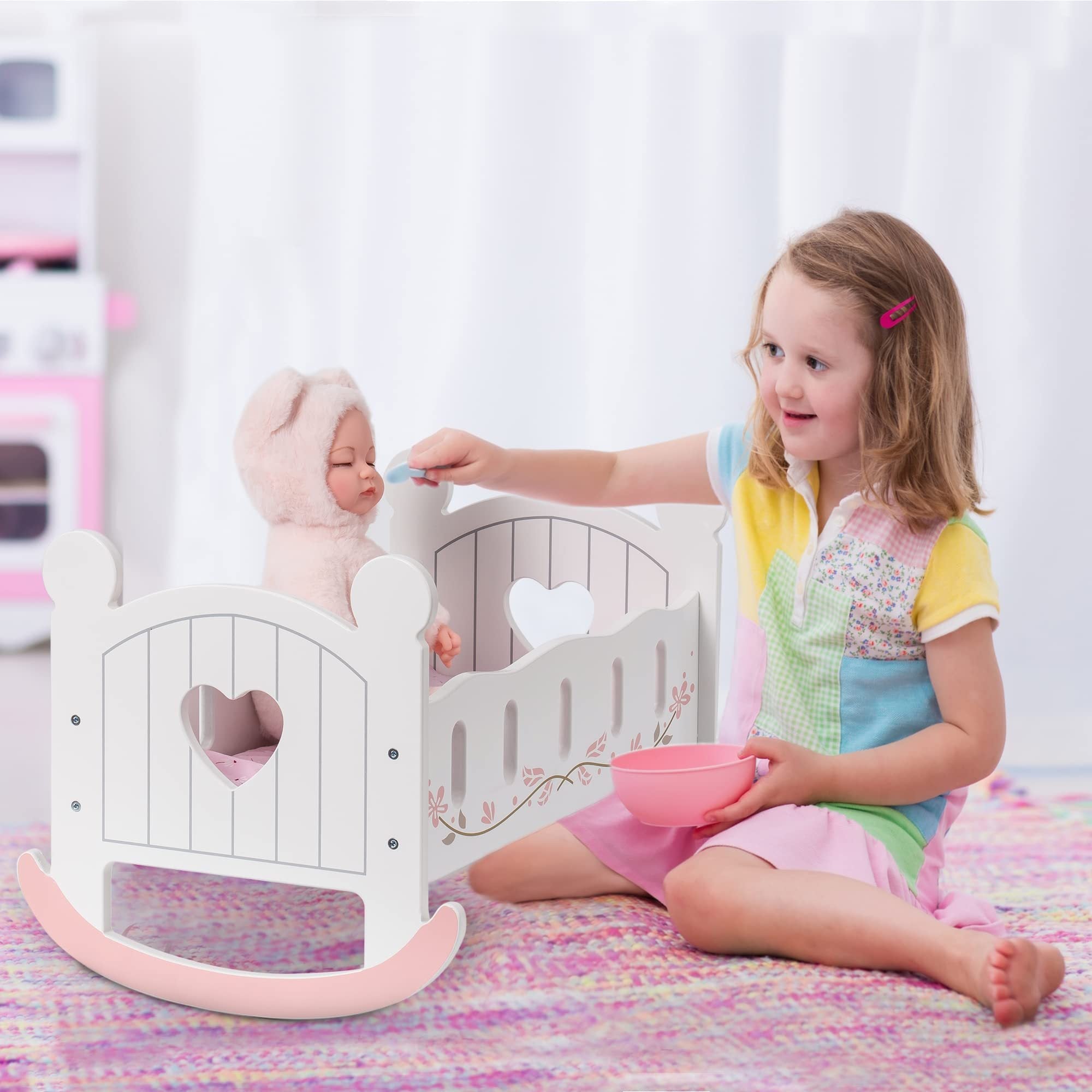 ROBOTIME Wooden Doll Cradle Rocking Baby Doll Crib Reversible Doll Bed For Dolls Girl,Fits Dolls Up To 18 Inches - Shopifynow