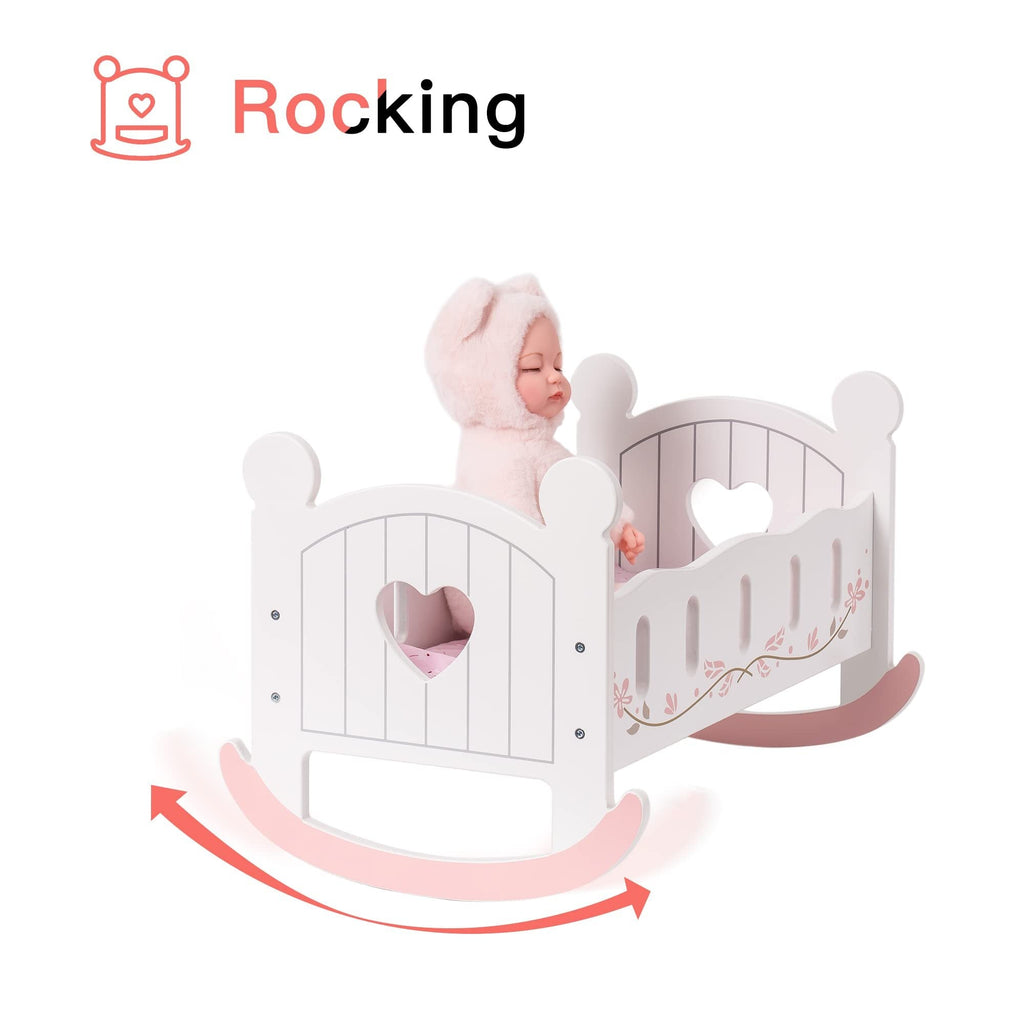 ROBOTIME Wooden Doll Cradle Rocking Baby Doll Crib Reversible Doll Bed For Dolls Girl,Fits Dolls Up To 18 Inches - Shopifynow