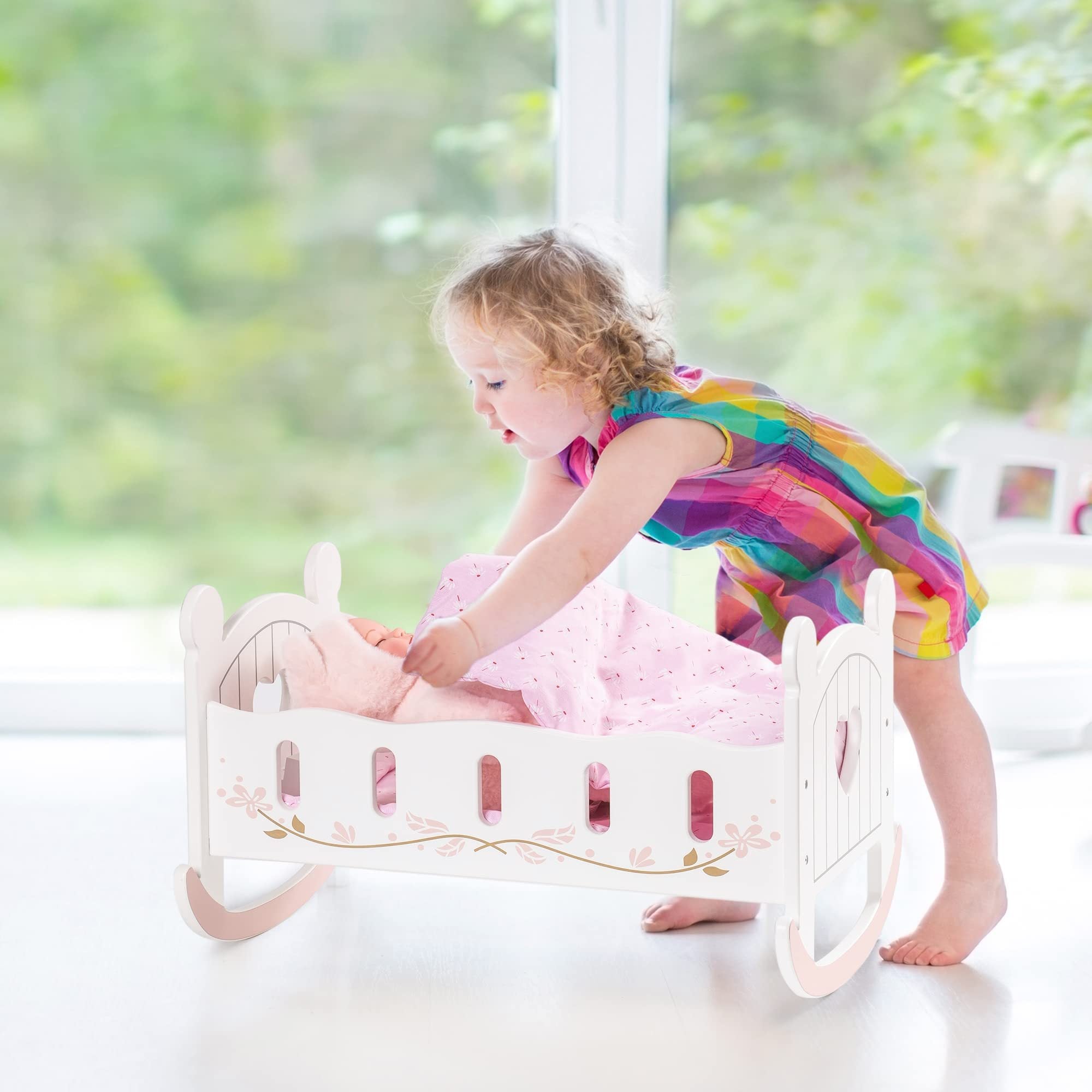 ROBOTIME Wooden Doll Cradle Rocking Baby Doll Crib Reversible Doll Bed For Dolls Girl,Fits Dolls Up To 18 Inches - Shopifynow