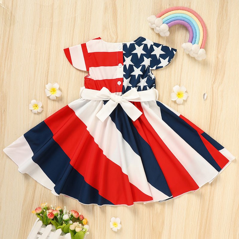 Toddler Girls' Independence Day Dress Red White & Blue Stripes And Stars Short Sleeve Twirl Dress 4th Of July Shopifynow