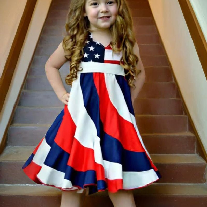Toddler Girls' Independence Day Dress Red White & Blue Stripes And Stars Short Sleeve Twirl Dress 4th Of July Shopifynow