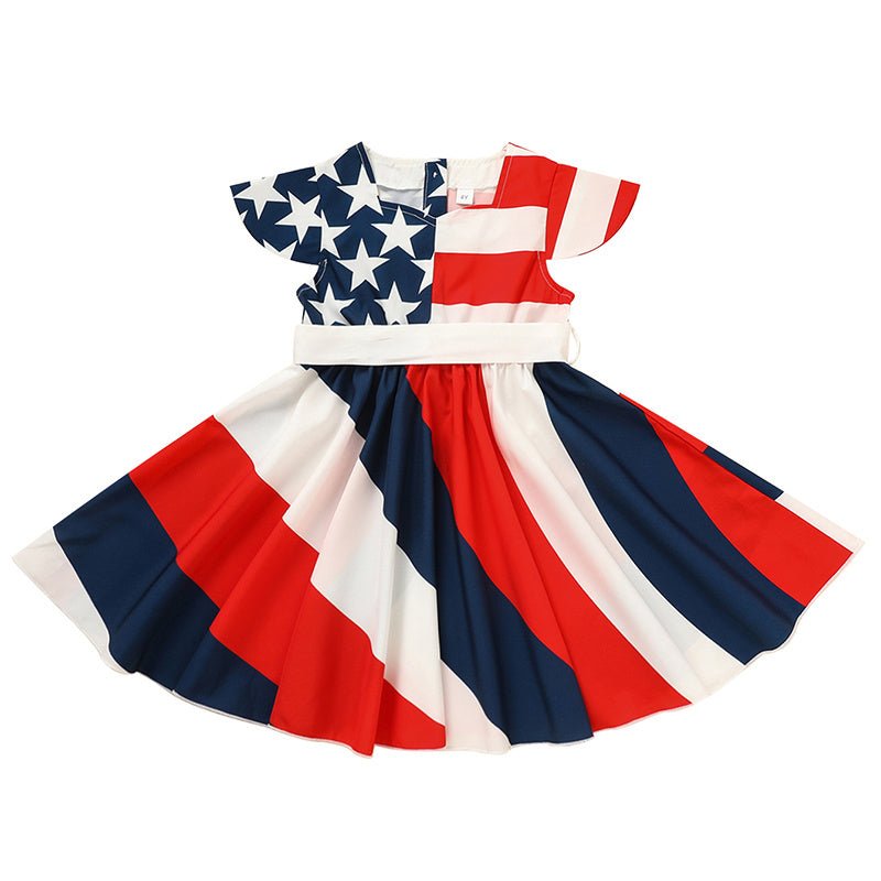 Toddler Girls' Independence Day Dress Red White & Blue Stripes And Stars Short Sleeve Twirl Dress 4th Of July Shopifynow