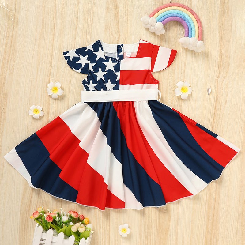 Toddler Girls' Independence Day Dress Red White & Blue Stripes And Stars Short Sleeve Twirl Dress 4th Of July Shopifynow