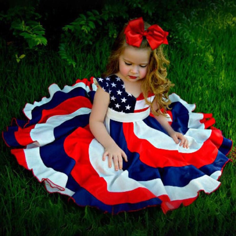 Toddler Girls' Independence Day Dress Red White & Blue Stripes And Stars Short Sleeve Twirl Dress 4th Of July Shopifynow