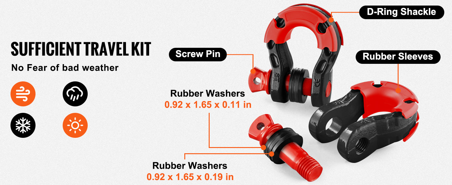 SucceBuy 2pcs 3/4" D-Ring Shackle U-Hook Loop Shackles with 7/8" Pin Isolators & Washers for Jeep Off Road Vehicle Recovery Shopifynow